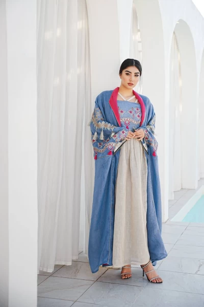 Bisht with a blue burlap dress with embroidery IB273 Blue