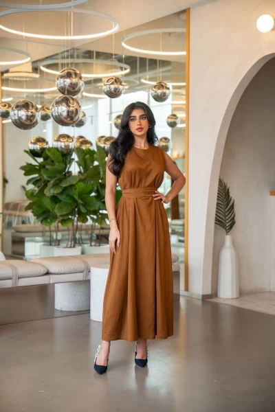فستان لينن باللون الجملي C:1071 Brown