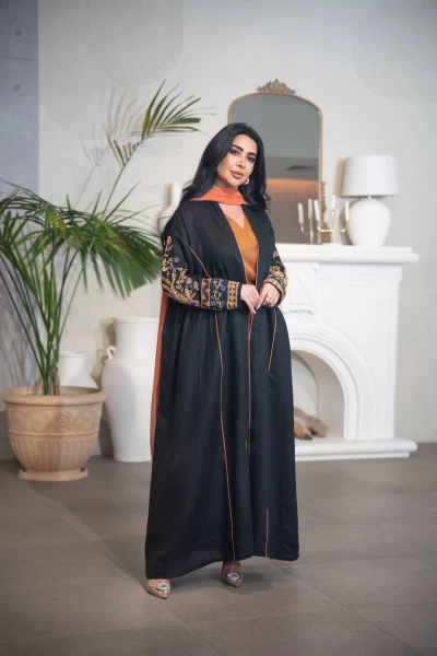 عباية لينن باللون الاسود مع شك يدوي C:IB318